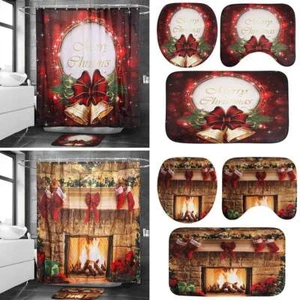 Chrismas Fireplace Shower Curtain Bath Rug Toilet Seat Cover Bathroom Set Decor - Picture 1 of 18