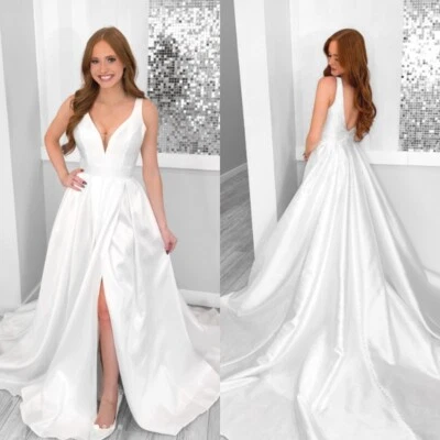 Satin Wedding Dresses With Slit Deep V Neck White Ivory Beach Boho Bridal Gowns - Image 1 of 4