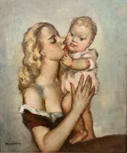 Huile sur toile signée naissance mère et son enfant Maternité école française - Picture 1 of 2