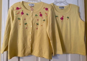JACK B. QUICK 2 Pc. Twin Sweater Set Size Large Flamingos Beads Sequins Women’s - Picture 1 of 9