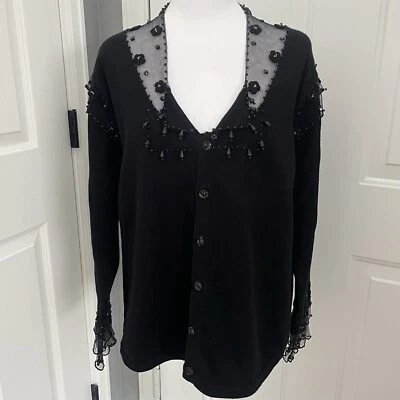 Storybook Knits Cardigan Large Sequin Lace Mobwife Black Beaded Embellished Net - Image 1 of 4