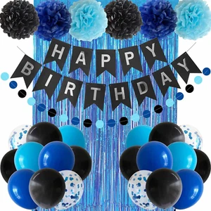 Blue and Black Happy Birthday Party Decorations for Boys Men Banner Balloons Nav - Picture 1 of 12