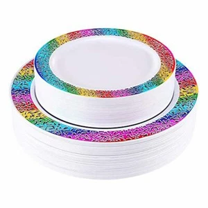 Gold Plastic Plates, Disposable Lace Rainbow Design, 30 Dinner 30 Salad Plates - Picture 1 of 7