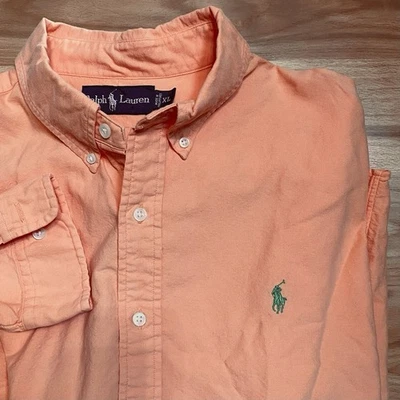 Camisa Ralph Lauren Para Hombres XL Naranja Melocotón Manga Larga Algodón Abotonada Logo Preparación Foto 1 de 4