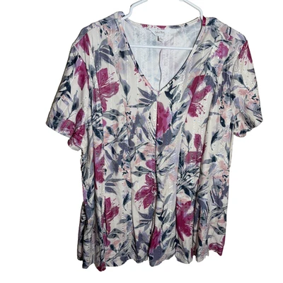 Blusa para mujer Coral Bay XL cuello en V manga corta floral plisada boho informal top Foto 1 de 4