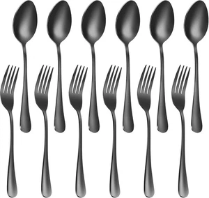 Juego de cucharas y tenedores de 12 piezas, cortador de cubiertos de acero inoxidable negro de grado alimenticio - Imagen 1 de 6