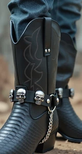 New Men Boots Silver Metal Chain Black Faux Leather 2 Straps Skull Charms Biker - Picture 1 of 20