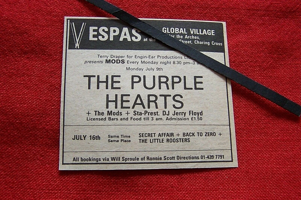 MOD REVIVAL THE PURPLE HEARTS 1979 VINTAGE GIG ADVERT VESPAS GLOBAL VILLAGE - Image 1 of 1