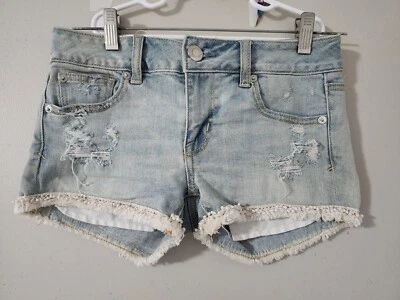 American Eagle Shorts Womens 0 Blue Shortie Denim Jean Distress Lace Hem Trucker - Image 1 of 4