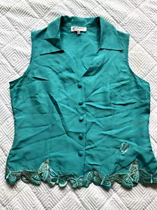 Studio I Button Up Vest Turquiose 90s Silk Butterfly Size 12 Size Medium - Picture 1 of 8