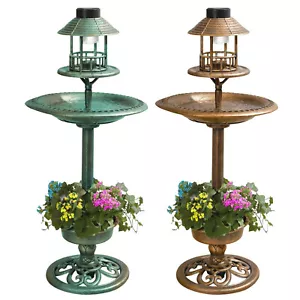 BIRD HOTEL FEEDER & BATH WITH SOLAR LIGHT GARDEN ORNAMENTAL BIRDS TABLE STATION