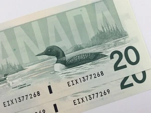 1991 Canada 20 Dollar Two Consecutive Uncirculated EIX Replacement Banknote V222 - Picture 1 of 10