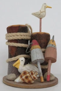 Pelican & Seagull On Dock Pilings Wooden Decor Dock Pier Buoy Shell Nautical - Picture 1 of 11