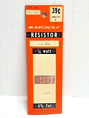 Archer Radio Shack 1/4 watt, 5% Tol., 2.2K OHM, Cat. No. 271-1325, resistor NOS - Image 1 of 4