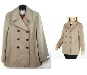 NWT Calvin Klein Women's 8 Petite Wool Cashmere Double Breasted Peacoat Camel - Picture 1 of 13