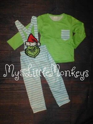 NEW Boutique Grinch Stole Christmas Boys Overalls Outfit Set - Image 1 of 2