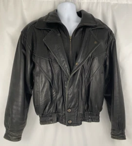 VTG Midway Black Leather Snap/ Zip Bomber Jacket w/Removable Liner, Men's Medium - Picture 1 of 20