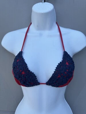 Blue Life Mirage Red & Black Lace Overlay Bikini Swimsuit Triangle Top Sz L NWT Foto 1 de 4
