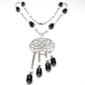 COLLANA ARGENTO 925 CON ONICE NERA TUBO DISCO CENTRALE STELLE E CERCHI PENDENTE - Foto 1 di 7
