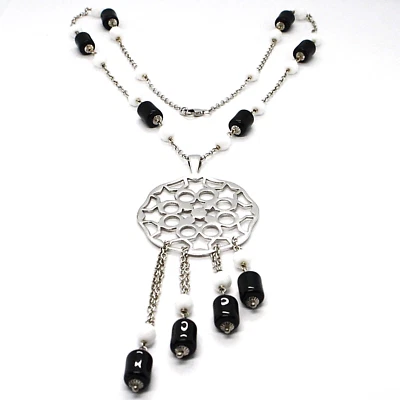 COLLANA ARGENTO 925 CON ONICE NERA TUBO DISCO CENTRALE STELLE E CERCHI PENDENTE - Immagine 1 di 4
