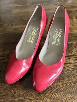 Vintage Retro Red Leather Authentic Salvatore Ferragamo Pumps Size 8 - Image 1 of 4