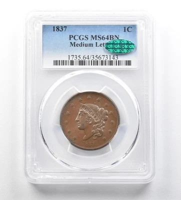 1837 Coronet Head Large Cent Medium Letters MS64 BN PCGS CAC *3477 - Image 1 of 3