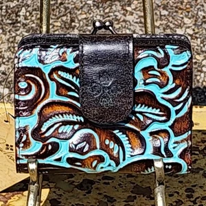 PATRICIA NASH Iberia Tooled Turquoise Leather Wallet with RFID NWT ID Coin Bifol - Picture 1 of 14