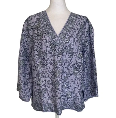 J. Jill Love Linen Border Printed Popover Top Lilac Paisley Women’s Sz M Petite - Image 1 of 4
