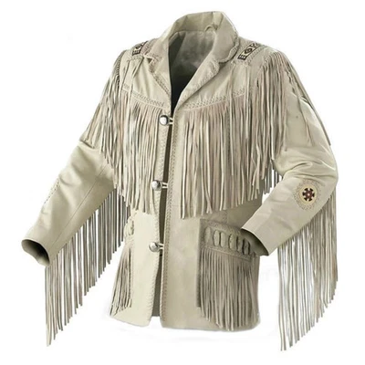 Men Western Cowboy Suede Fringe Jacket Beaded Native American Leather Jacket - Image 1 of 4