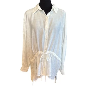 Mustard Seed NWOT Ivory Long Tab Sleeve Cinched Waist Button Down Blouse, Large - Picture 1 of 7