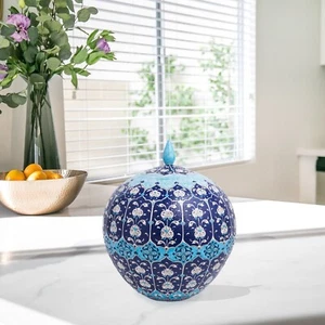 Barattolo in ceramica fatto a mano con coperchio, vaso ottomano globo blu, vaso per arredamento casa - Foto 1 di 7