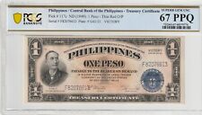 Philippines 1949 1 Peso PCGS Certified Banknote GEM UNC 67 PPQ 117c Victory Thin