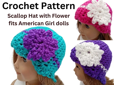 Crochet pattern for 18 inch Doll Scallop Hat with Flower crochet pattern - Image 1 of 4