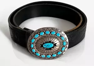 Vtg. WILBUR MUSKET Navajo Sterling Sleeping Beauty Turquoise Belt Buckle w/Belt - Picture 1 of 9