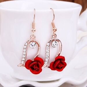 Rose Red Flowers Heart Crystal Pearls Stud Earrings Wedding Women Jewellery Gift