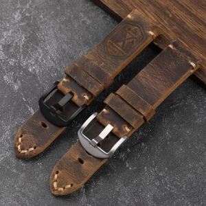 Antiqued Vintage Style Genuine Leather Stitched Watch Strap Wristwatch Band - Picture 1 of 12