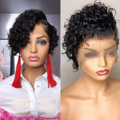Peluca de encaje 13x4x1 T corte pixie agua corta pelucas de cabello humano peluca brasileña de cabello rizado Foto 1 de 4