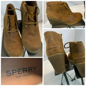 Sperry Top Sider Ankle Wedge Boots Sz 7 Brown Suede Lace 3” Heel YGI B1S-21 - Picture 1 of 12