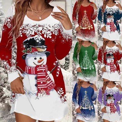 Christmas Womens Snowman Xmas Tree Mini Dress Long Sleeve Swing T-Shirt Dresses - Image 1 of 4