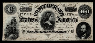 1864 $100 Confederate States of America One Hundred Dollar Note Richmond  - Image 1 of 2