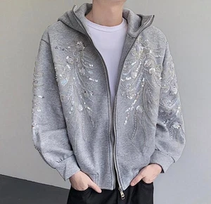 Schicke Herren Kapuzen Pailletten Reißverschluss Hoodie Langarm kurze Freizeit Jacke Herbst - Bild 1 von 5