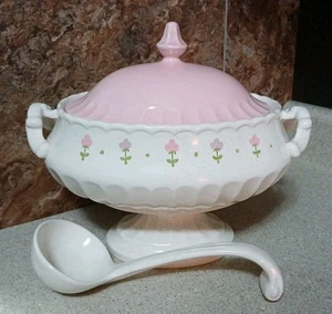 RARE Pink Metlox Poppytrail Vernon Ware Floral Lidded Pedestal Bowl & Ladle - Picture 1 of 6