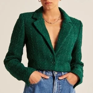 NWT Abercrombie & Fitch Green Cropped Tweed Blazer Jacket Size XS Single Button - Picture 1 of 16