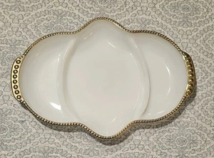 VINTAGE FIRE KING OVEN WARE ~WHITE MILK GLASS 3 SECTION DISH w/GOLD TRIM - Picture 1 of 2