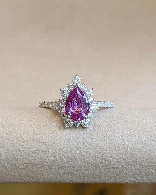 4Ct Pear Cut Natural Pink Sapphire &Diamond Engagement Solid 14k White Gold Ring - Image 1 of 4