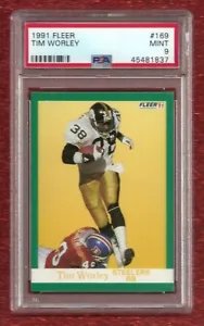 1991 FLEER #169 TIM WORLEY PSA 9 MINT POP 1 NO HIGH PITTSBURGH STEELERS - Foto 1 di 1