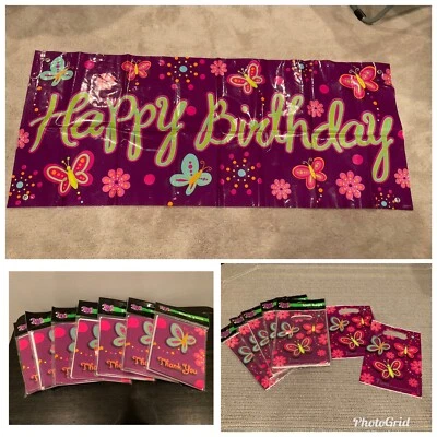 Banner de cumpleaños mariposa - 42 bolsas de botín - 56 tarjetas de agradecimiento Foto 1 de 4