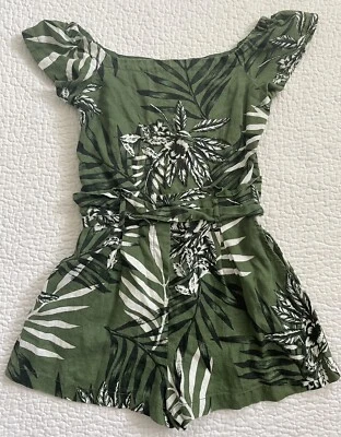 Women’s Guess Romper Sz 2 Green Off-Shoulder Tropical Print Cotton Summer - Image 1 of 4