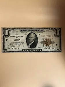 1929 TEN DOLLAR $10 DOLLAR BILL FEDERAL RESERVE BANK of ATLANTA BROWN SEAL - Picture 1 of 3