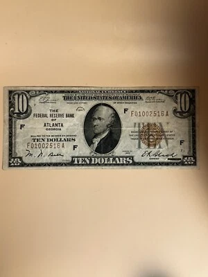 1929 TEN DOLLAR $10 DOLLAR BILL FEDERAL RESERVE BANK of ATLANTA BROWN SEAL - Image 1 of 3